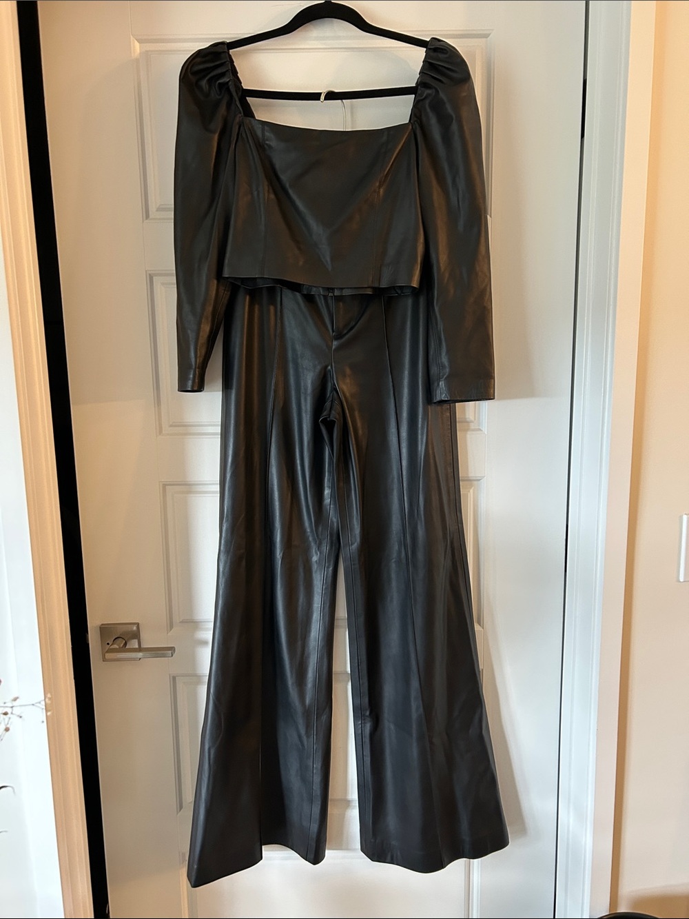 Alice + Olivia Black Faux Leather Wide-Leg pants with matching top